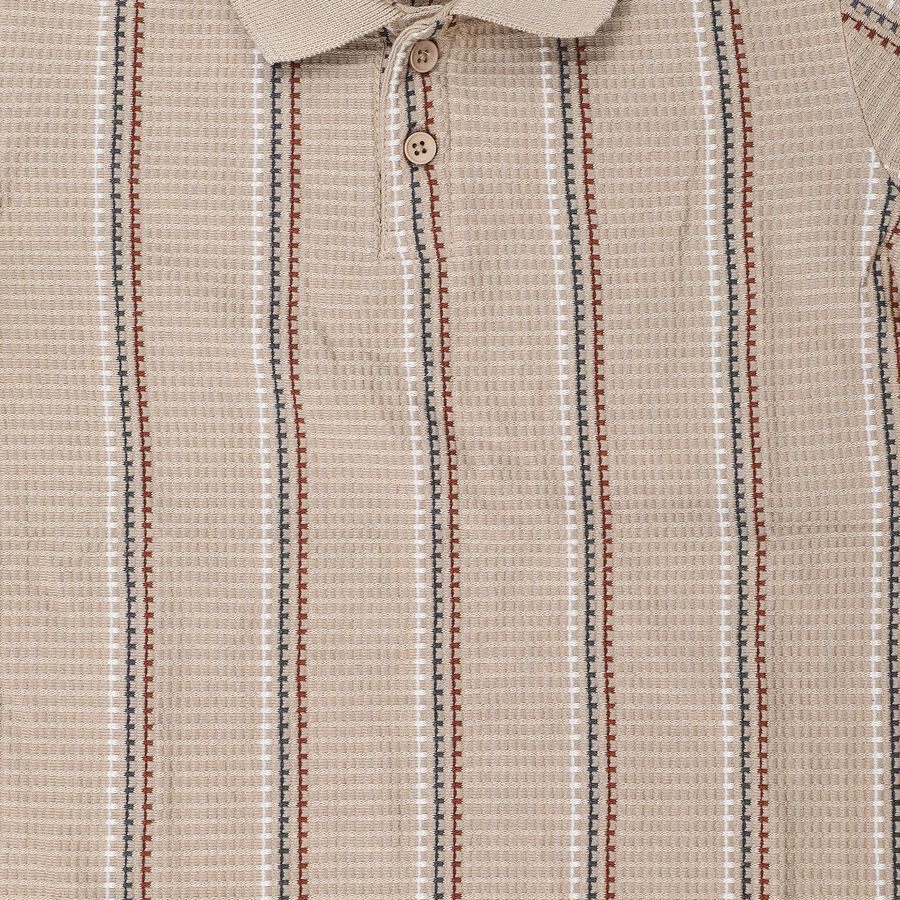 Boys Beige Polo Neck Striped Regular T-Shirt, गहरा पीला, large