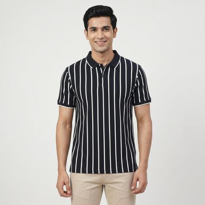 Men's Navy Blue Polo Neck Casual T-Shirt