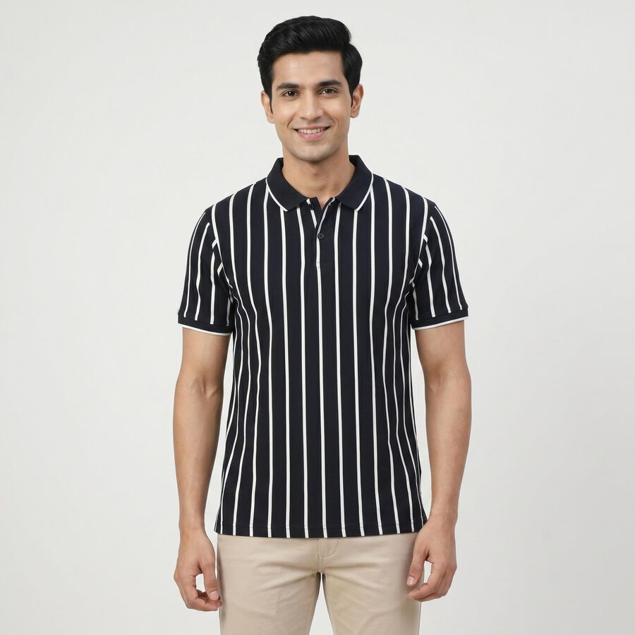 Men's Navy Blue Polo Neck Casual T-Shirt, नेवी ब्लू, large