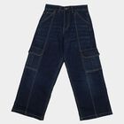 Girls Navy Blue Cargo Fit Washed Jeans, गहरा नीला, small