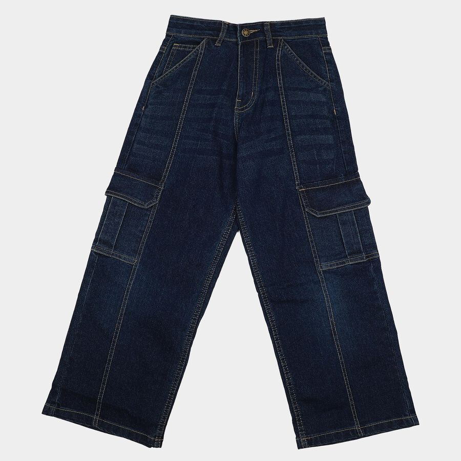 Girls Navy Blue Cargo Fit Washed Jeans, गहरा नीला, large