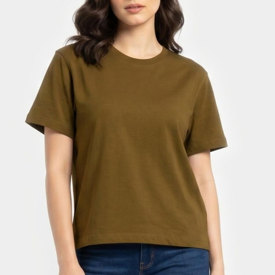 Women's Olive Green Cotton Round Neck Regular T-Shirt, Olive, large
