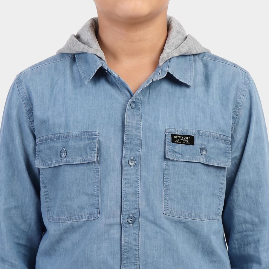 Boys' Light Blue Hooded Casual Shirt, Light Blue, large