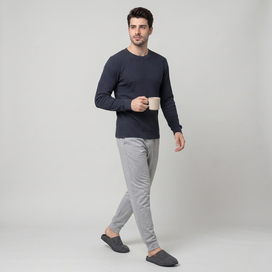 Men's Navy Blue Long Sleeve Thermal, मध्यम नीला, large