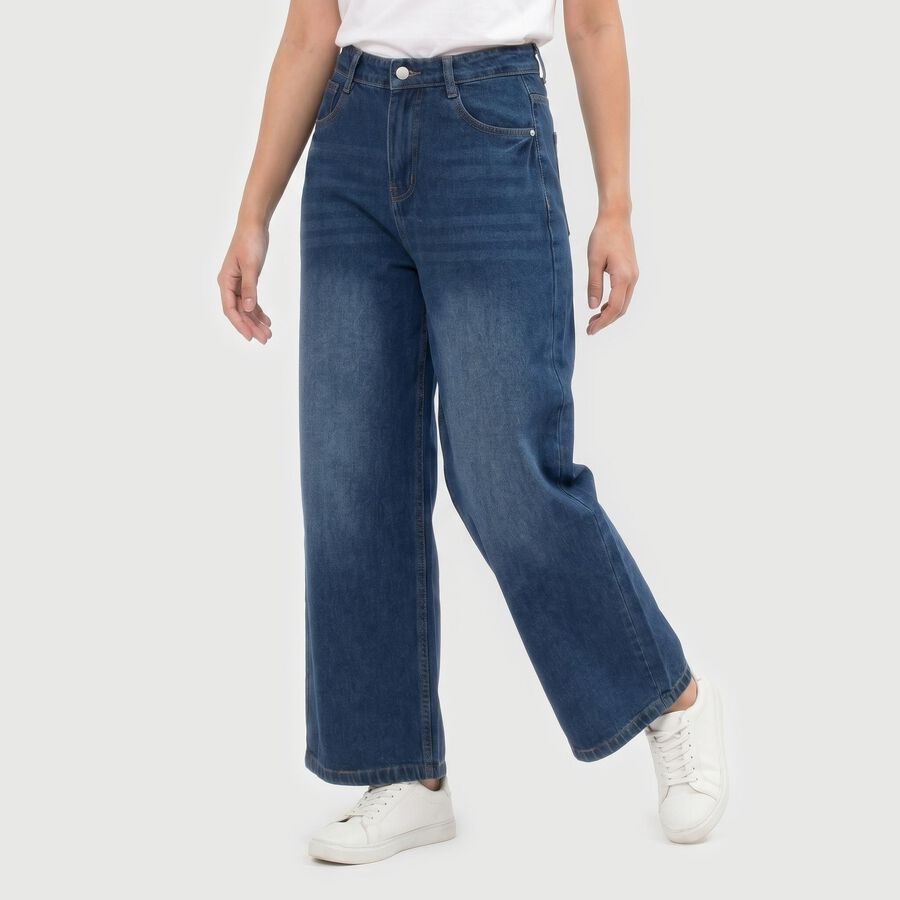Women's Blue Wide Leg Fit Washed Jeans, Mid Blue, large