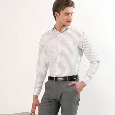 Men's White and Brown Striped Classic Formal Shirt