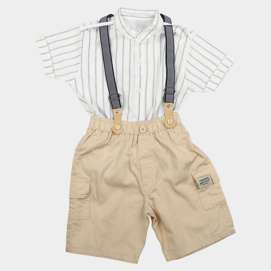 Boys' Cream 100% Cotton Mandarin Collar Striped Baba Suit, ऑफ व्हाइट, large