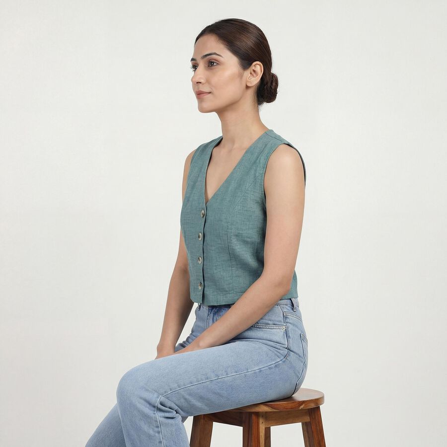 Women's Teal Blue Mandarin Collar Classic Shirt, Teal Blue, large