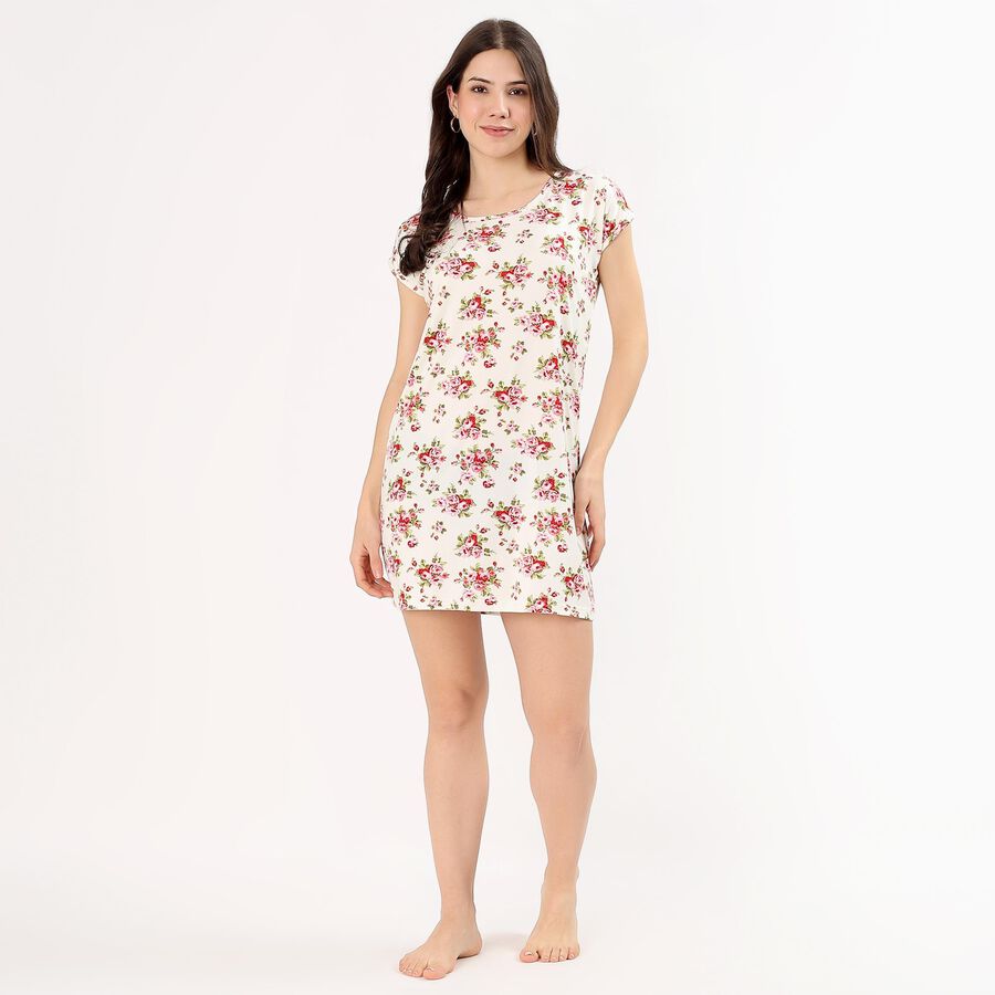 Women's Cream Round Neck Casual Nighty, Off White, large