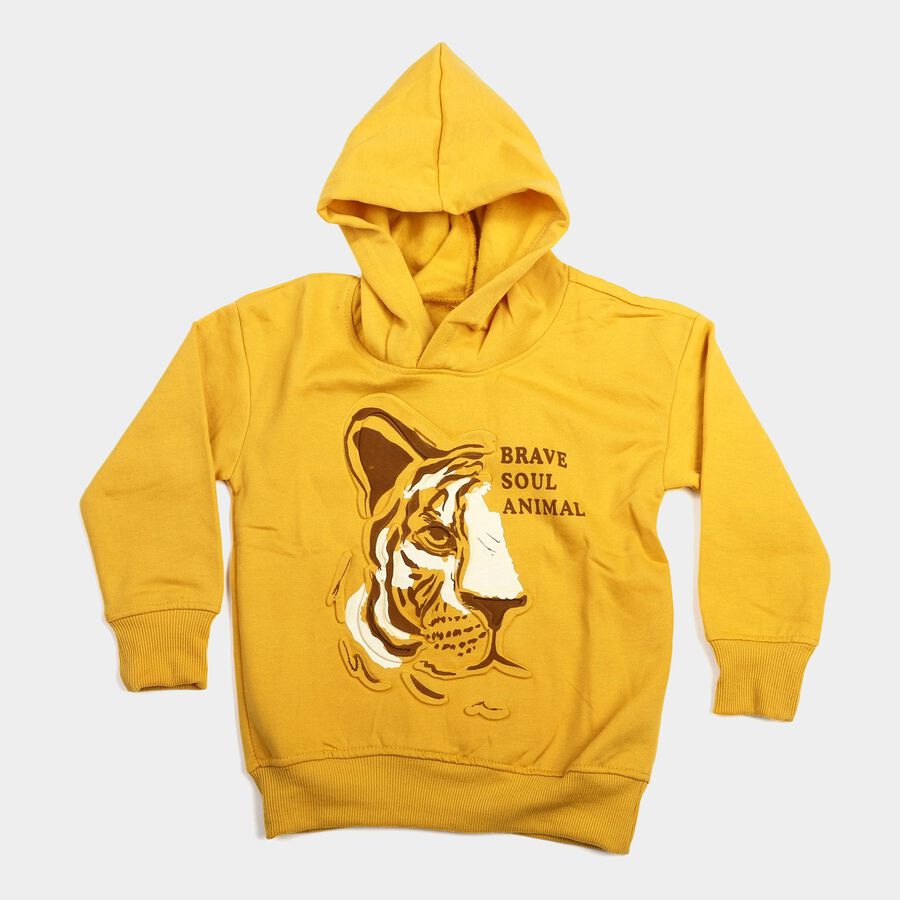Boys Yellow Hoodie Neck Graphic Print Sweatshirt, Yellow, large