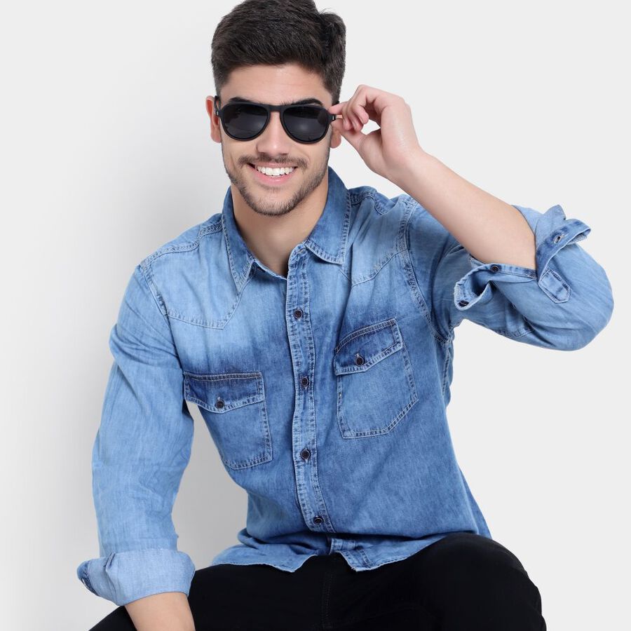 Cotton Solid Casual Shirt, Mid Blue, large image number null
