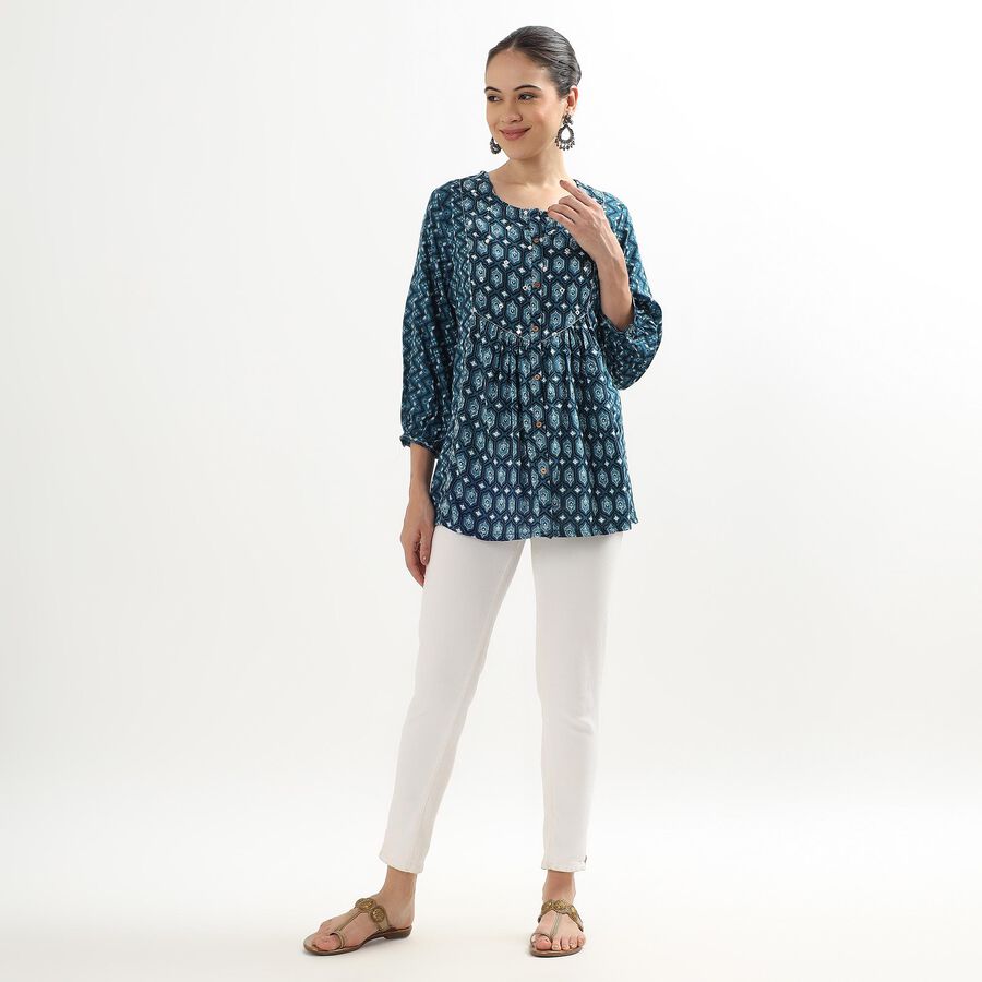 Ladies' Dark Peacock Blue Round Neck Printed Kurti, गहरा नीला, large image number null