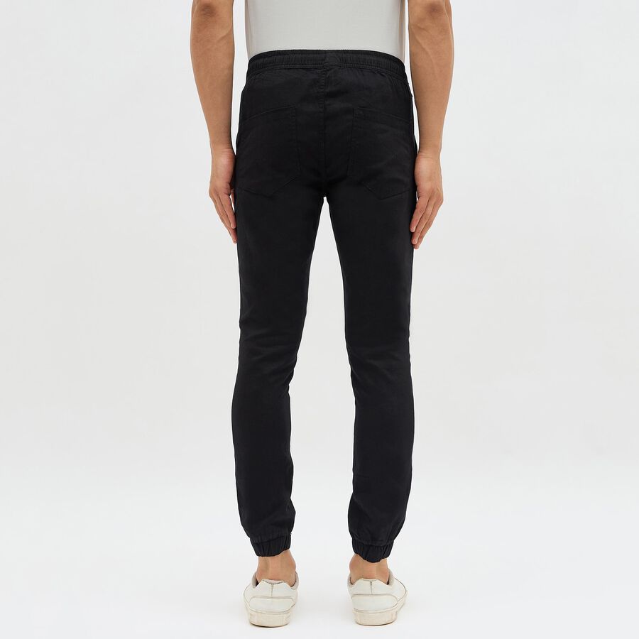 Men's Jet Black Slim Fit Elastic Waist Casual Trousers, Black, large image number null