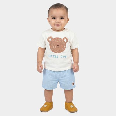 Infants' Light Blue Cotton Round Neck Bear Printed Baba Suit