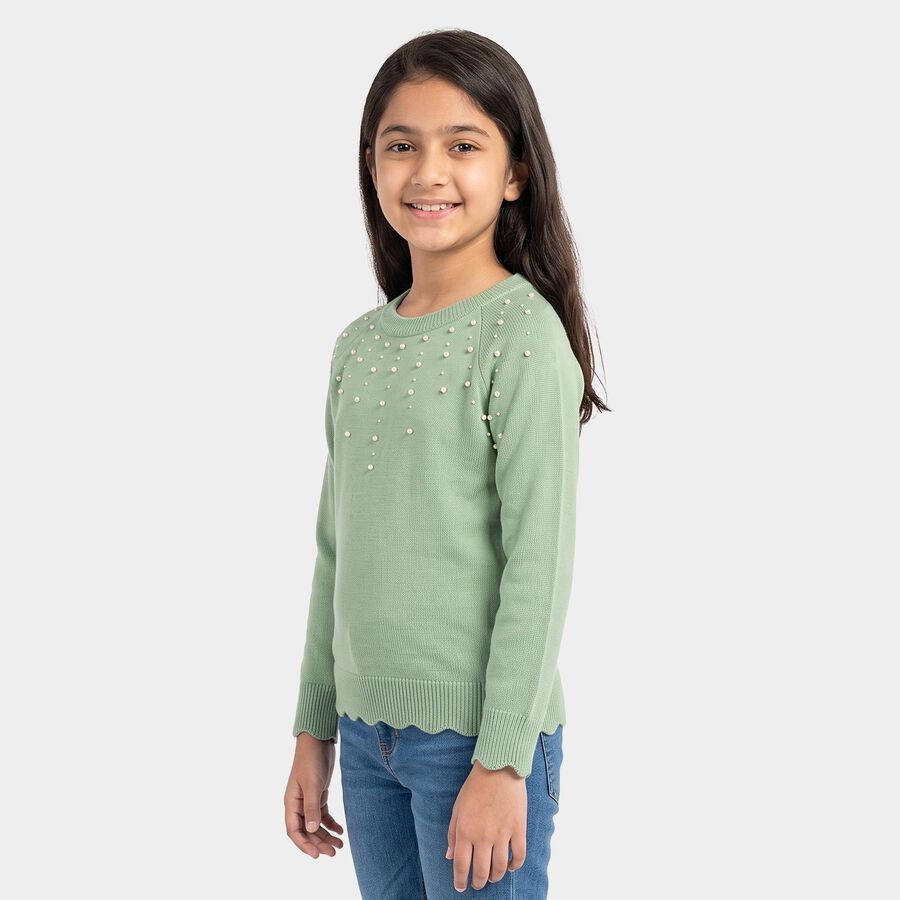 Girls' Sage Green Crew Neck Embellished Pullover, हल्का हरा, large