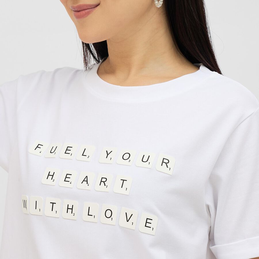 Women's White Cotton Round Neck Printed T-Shirt, सफ़ेद, large image number null