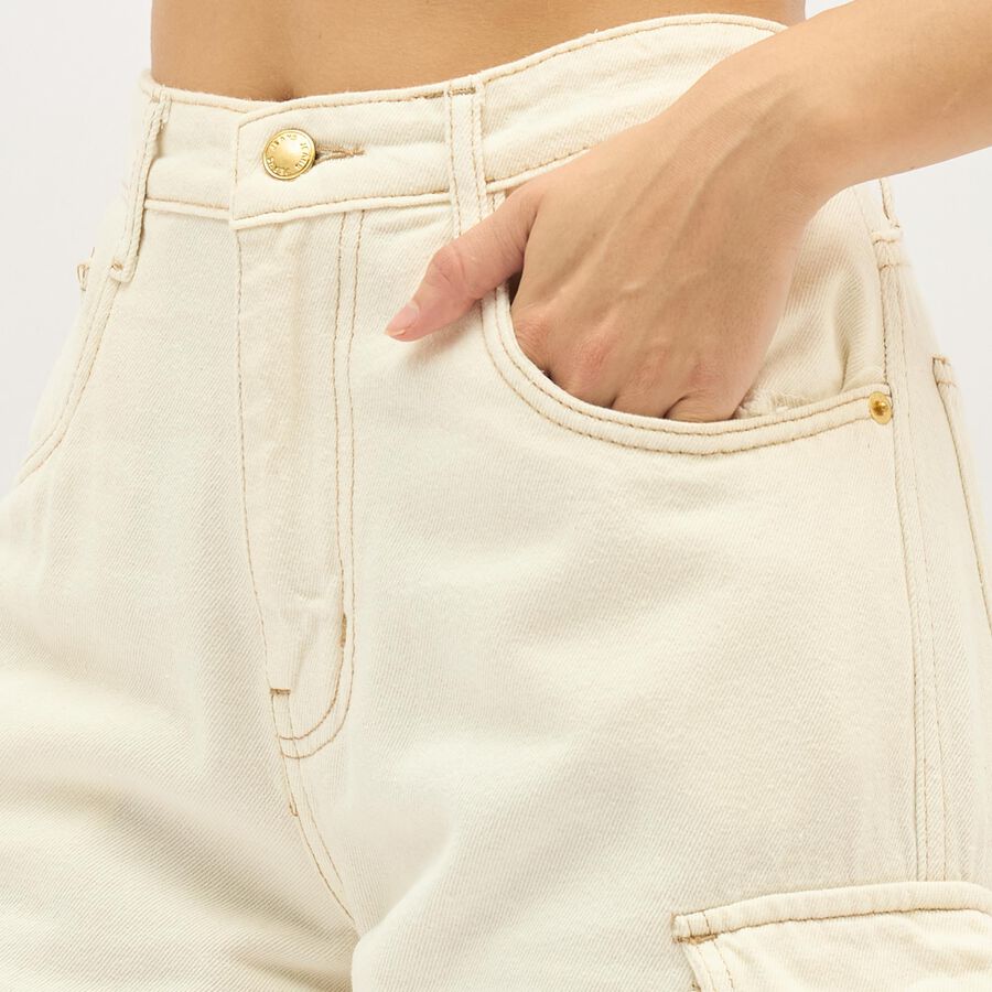 Women's Light Beige Wide Leg Cargo Jeans, ऑफ व्हाइट, large image number null