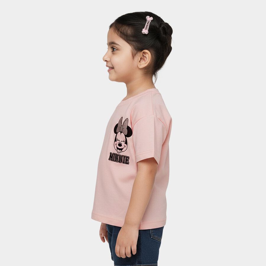 Girls' Pink Cotton Round Neck Minnie Mouse Printed T-Shirt, हल्का गुलाबी, large