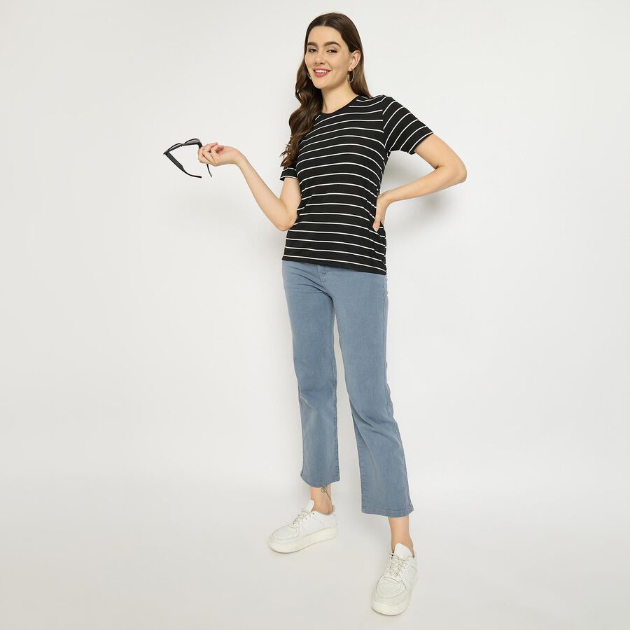 Ladies'  Stripes Round Neck T-Shirt, काला, large image number null