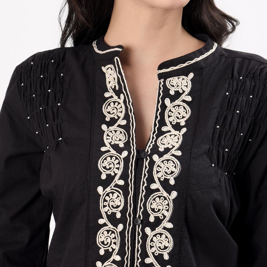 Women's Jet Black Cotton Mandarin Collar Casual Shirt, Black, large