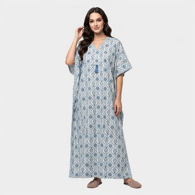 Women's Blue V-Neck Kaftan Nighty