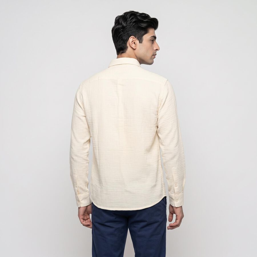 Men's Cream Cotton Long Sleeve Collar Shirt, Off White, large