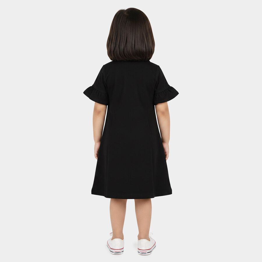 Girls' Black A-Line Teddy Print Shirt Collar Frock, Black, large