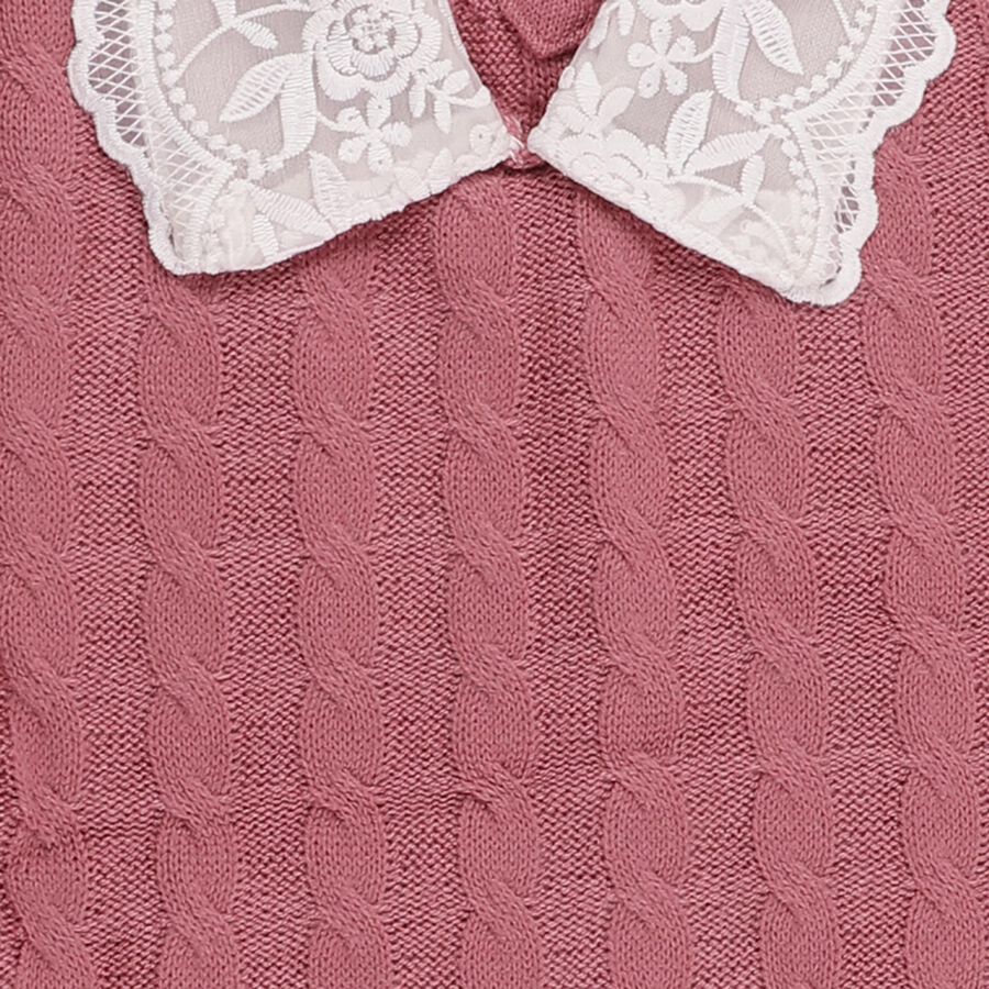 Girls Dusty Rose Lace Collar Cable Knit Pullover, Lilac, large image number null