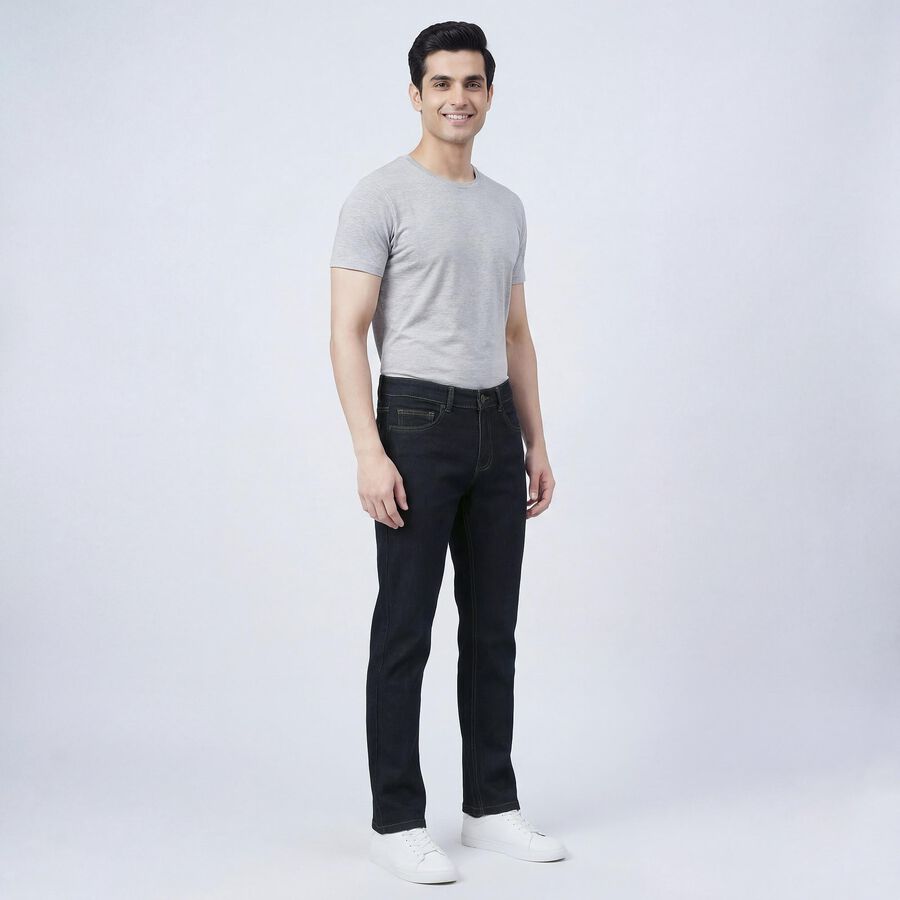 Men's Navy Blue Slim Fit Washed Jeans, गहरा नीला, large