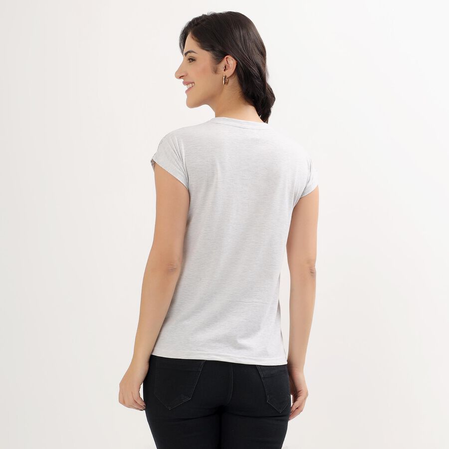 Ladies Light Grey Round Neck Geometric Print T-Shirt, Ecru Melange, large image number null