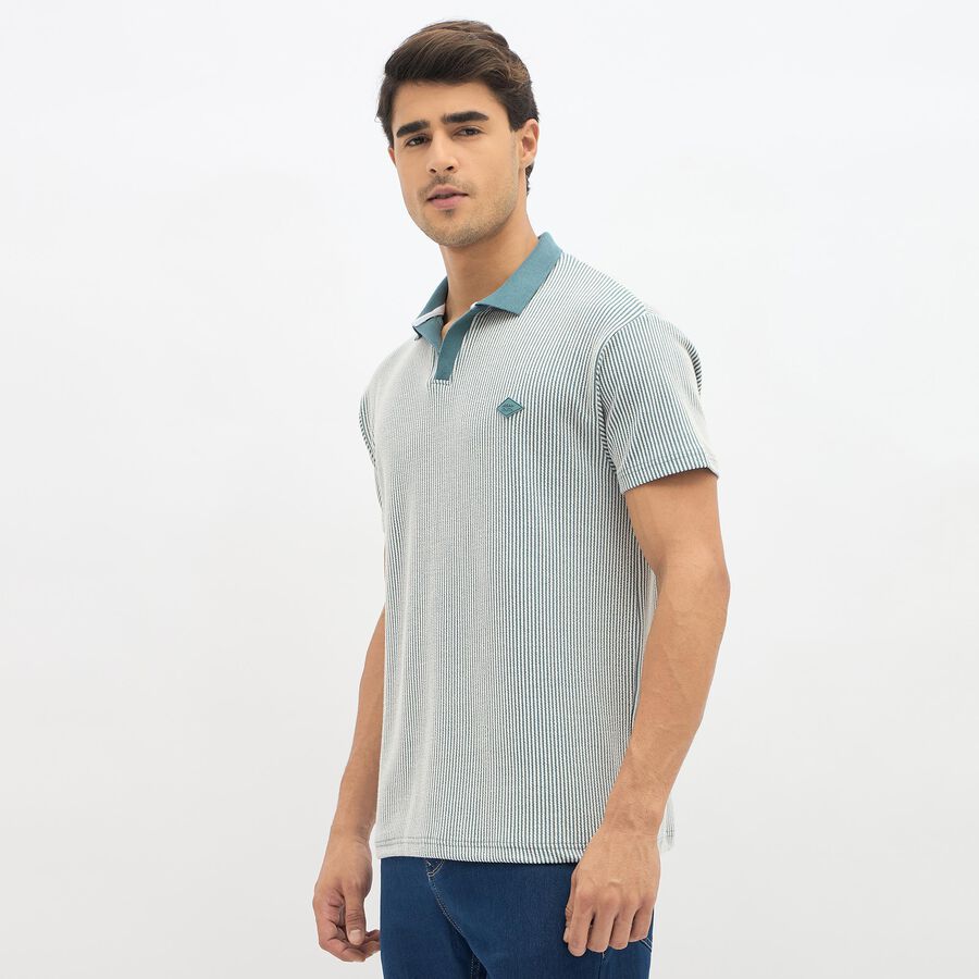 Men's Muted Sage Green Polo Neck Casual T-Shirt, Mid Blue, large