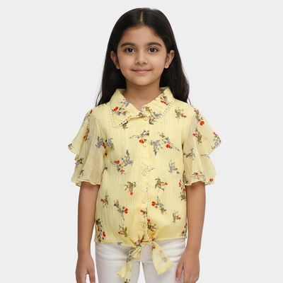 Girls' Bright Mustard Yellow Round Neck Casual T-Shirt