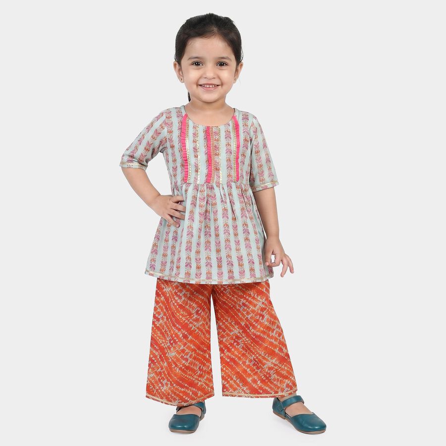 Girls Mint Green Round Neck Fusion Set Upper and Bottom Set, हल्का हरा, large