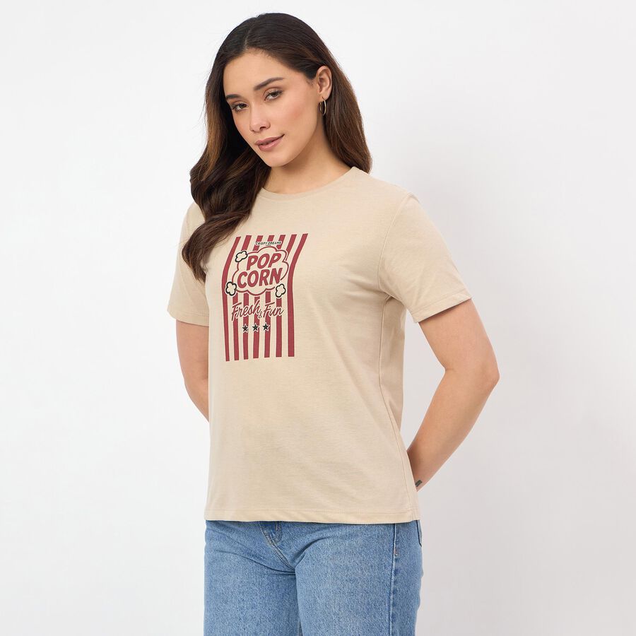 Women's Muted Beige Round Neck Casual T-Shirt, Beige, large