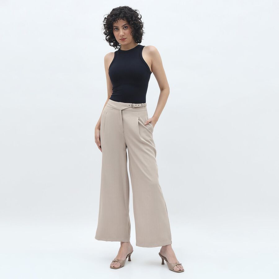 Women's Soft Beige Wide-Leg Pleated High-Waist Trousers, गहरा पीला, large