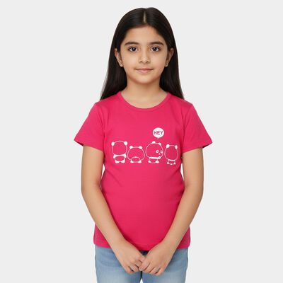 Girls Fuchsia Cotton Blend Round Neck Casual T-Shirt