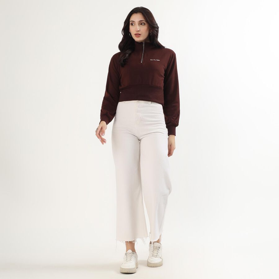 Women's Deep Brown High Neck Casual Sweatshirt, भूरा, large image number null