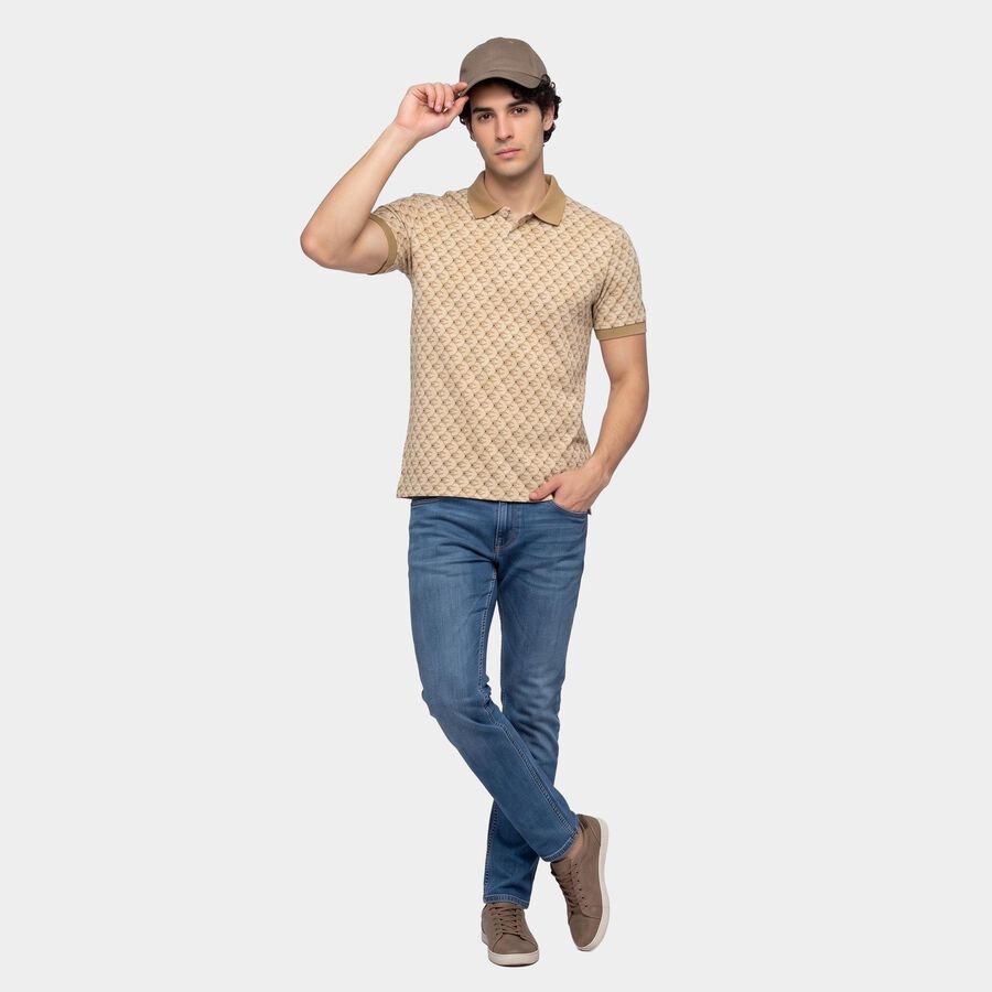 Men's Beige Cotton Polo Neck Printed T-Shirt, Beige, large