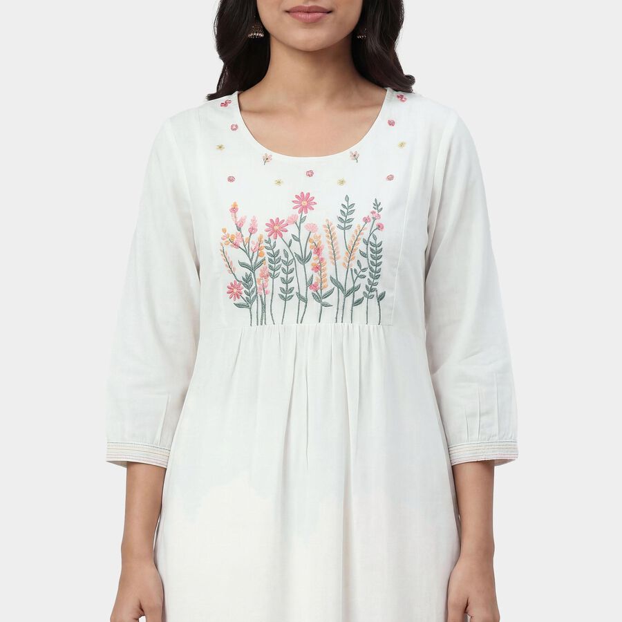Women's White Cotton Round Neck Straight Kurta, White, large