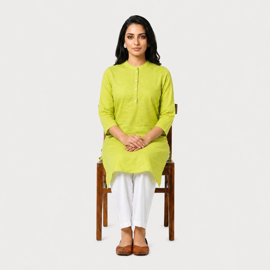 Women's Green Cotton Mandarin Collar Solid Straight Kurta, हल्का हरा, large