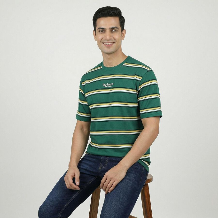 Men's Green Round Neck Casual T-Shirt, Dark Green, large