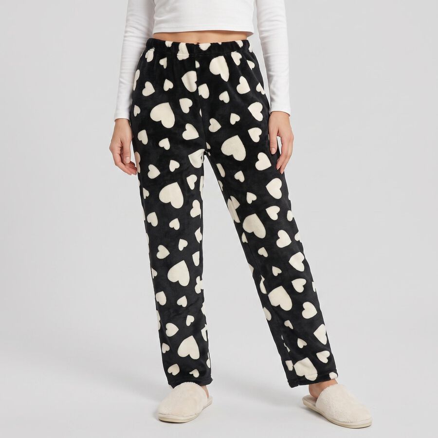 Women's Black Straight Fit Heart Pyjama, Black, large