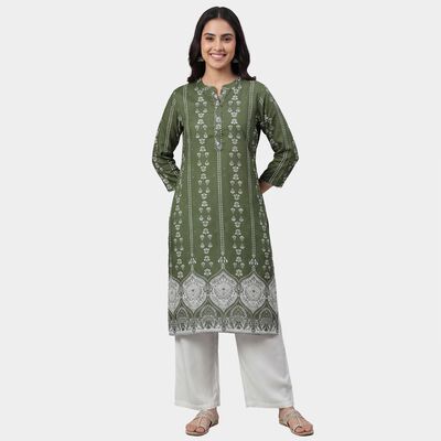 Women's Olive Notch Neck Textured Kurta