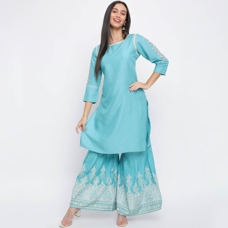 Embroidered Flared 3/4th Sleeves Kurta, Mid Blue, large image number null