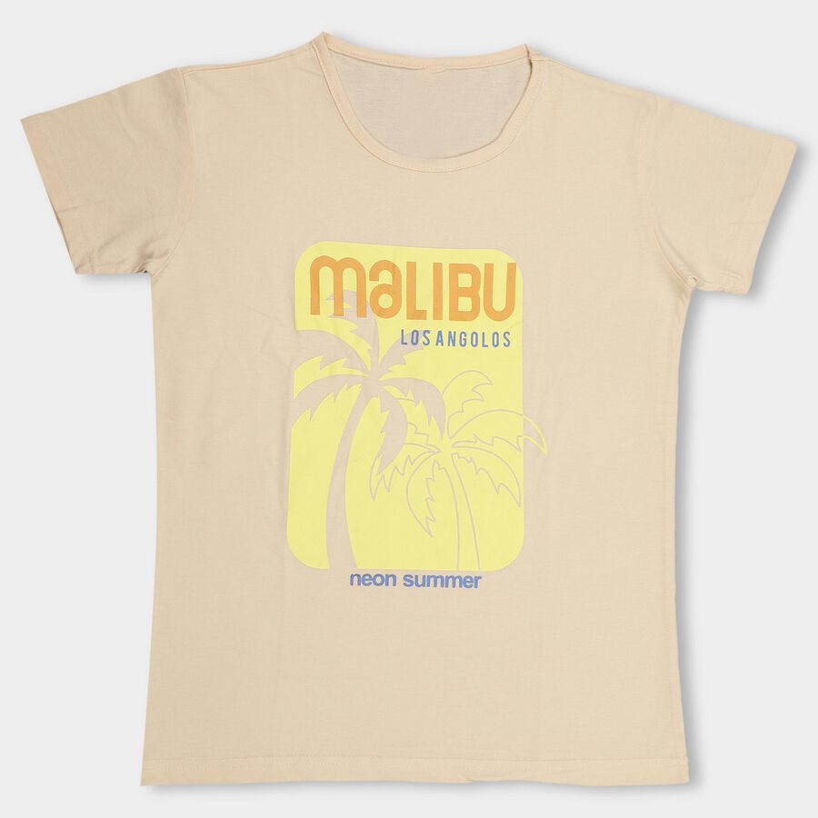 Girls' Beige Crew Neck Short Sleeve T-Shirt, Off White, large image number null