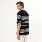 Men's Black Round Neck Casual Striped T-Shirt, Black, small