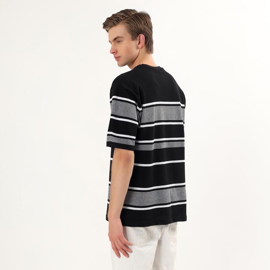 Men's Black Round Neck Casual Striped T-Shirt, Black, large