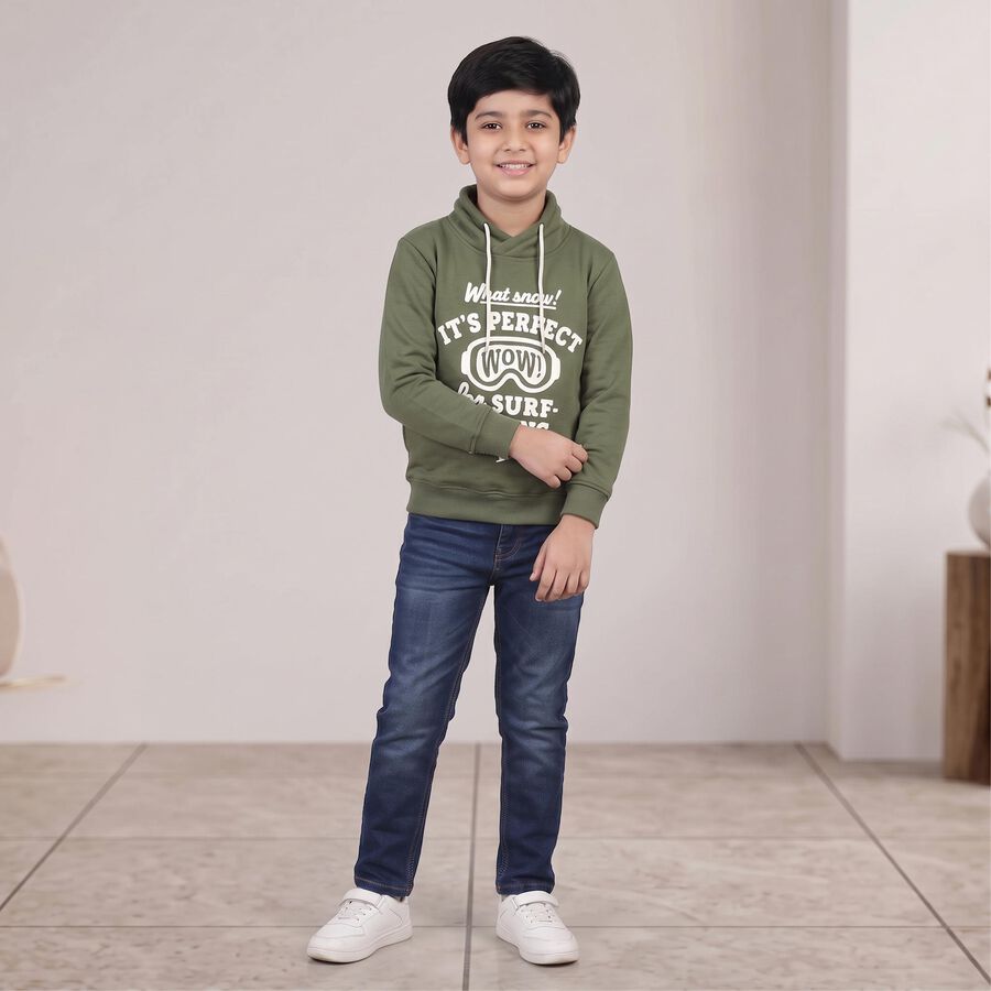 Boys' Olive Green Hooded Neck Graphic Print Sweatshirt, ओलिव, large