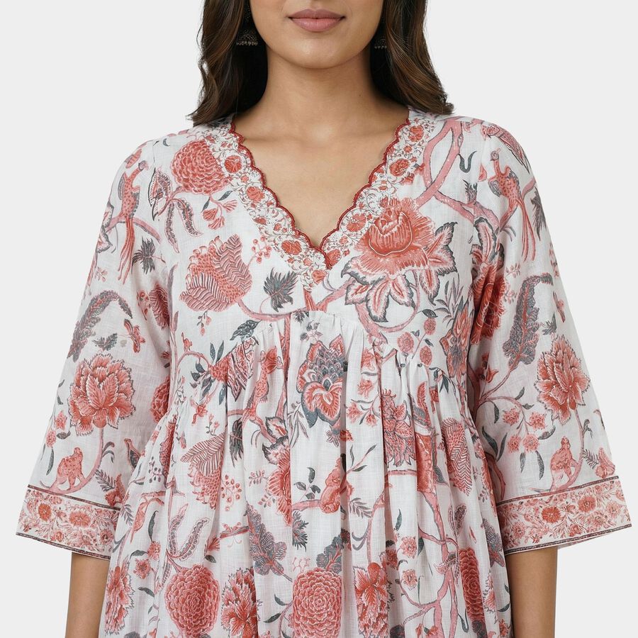 Women's Peach Cotton Round Neck Solid Kurta, पीच, large