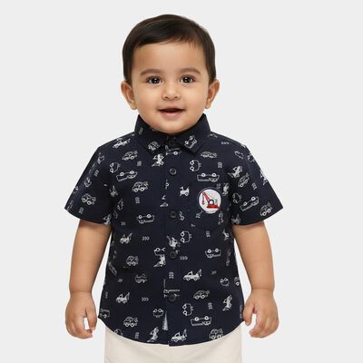Infants' Deep Midnight Navy Blue Cotton Half Sleeve Classic Casual Shirt